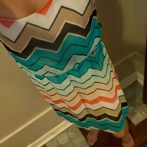 Charlotte Russe vint. dress Sz L. Chiffon. Teals & peach. Lined. Spag strap.